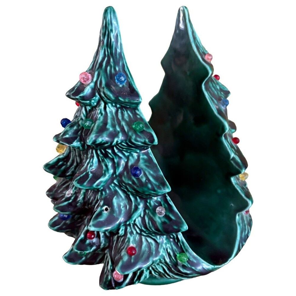Vintage Ceramic Christmas Tree Napkin Holder Set of 2 Green Light Up Holiday